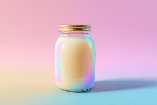 Glass jar with iridescent pastel liquid on a gradient background photo