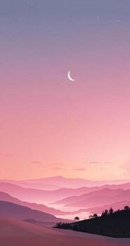 A sunset with a crescent moon and a mountain range photo
