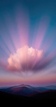 Vast, colorful sunset over hills, cloud rays photo