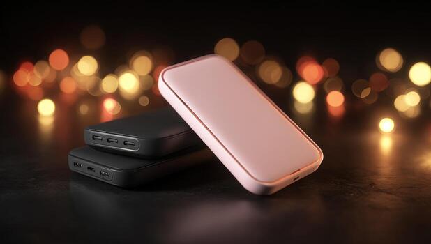 Three portable chargers, pink and dark gray, on a dark surface with bokeh lights photo