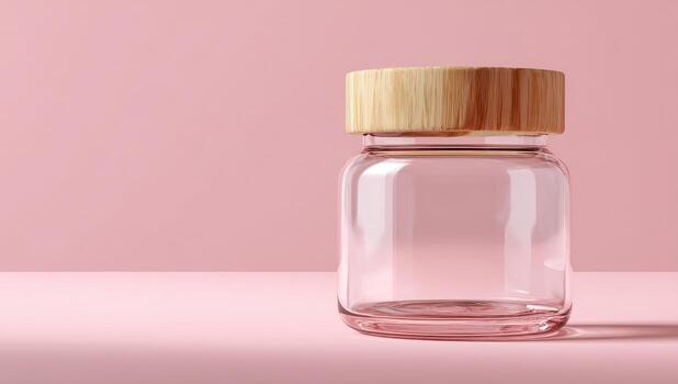 Empty glass jar with wooden lid on pink background photo
