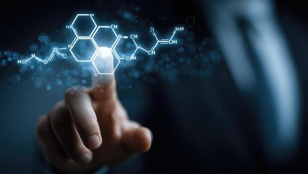 A hand points at a glowing chemical structure photo
