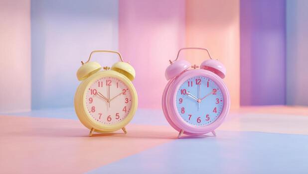 Two pastel-colored alarm clocks on a colorful background photo