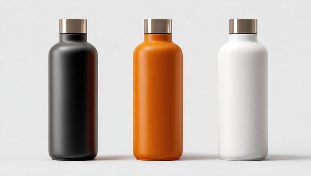 Three colored water bottles against a plain background photo