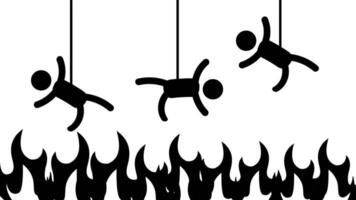 Figures hang from strings above blazing fire, symbolizing the torment of control and the thin boundary between survival and destruction video