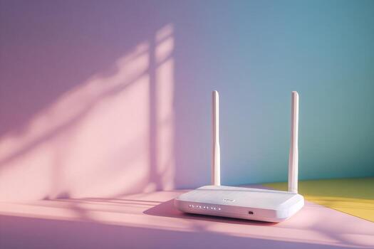 White wireless router on a pastel background, sunlit photo