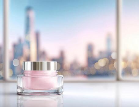 Pink cosmetic jar on a surface, city view out a window photo