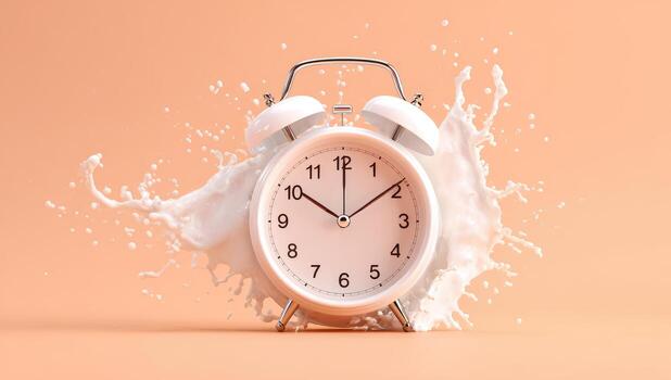 White alarm clock amidst milk splashes on peach background photo