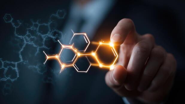 Hand interacting with glowing molecular structure photo