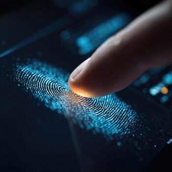 Close-up of a finger touching a glowing fingerprint sensor photo