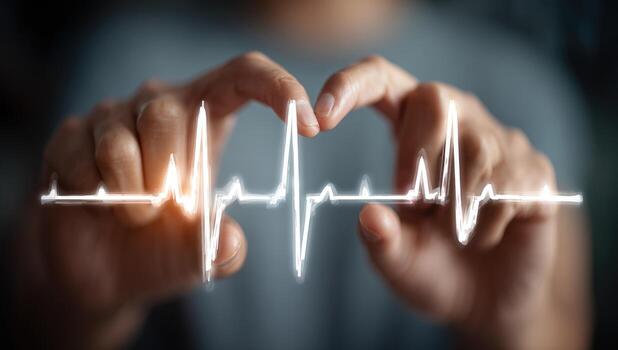 Hands holding a glowing ECG heart rate graphic photo