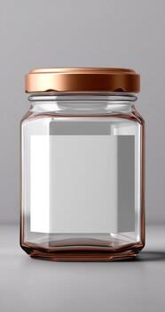 Clear octagonal glass jar with copper lid and blank label photo