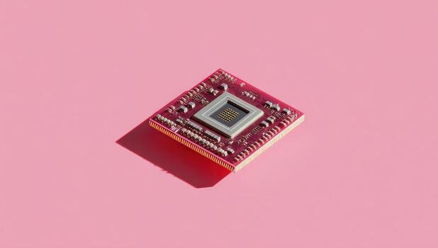 Close-up of a square, pink circuit board with a central chip photo