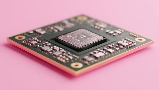 Close-up of a square computer chip on a circuit board, angled on a pink surface photo