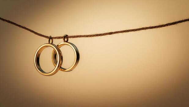 Two gold rings hang from a light brown string against a muted tan background photo
