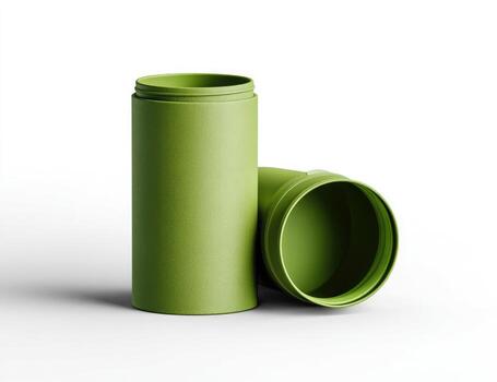Two olive green cylindrical containers, open and closed, on a white background photo