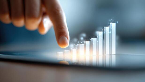 mano puntos a creciente bar grafico en tableta foto