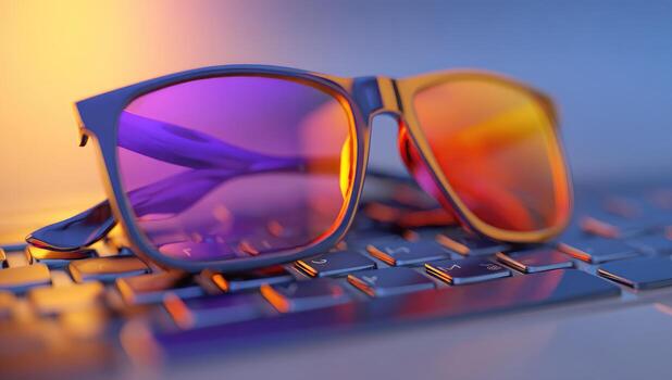 elegante lentes con teñido lentes descanso en un teclado foto