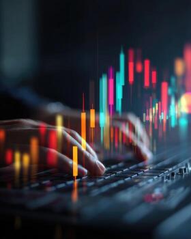 Hands typing on a keyboard with colorful financial data overlay photo