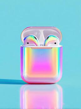 Wireless earbuds in case with holographic finish photo