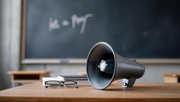 Megaphone on classroom table, chalkboard in background photo