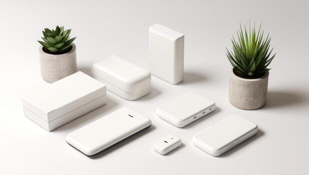 White minimalist tech objects and plants on a light background photo