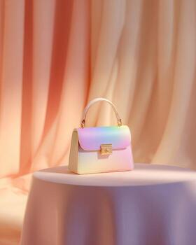Pastel handbag on a round table, soft lighting, rainbow gradient photo
