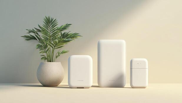 cuatro blanco rectangular dispositivos, un en conserva palma árbol, pálido amarillo antecedentes. suave ligero foto