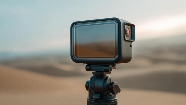 Action camera mounted on tripod in desert photo