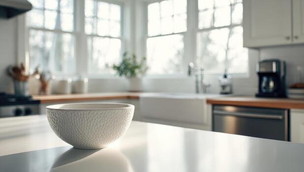 White bowl on kitchen counter, sunlight through windows photo