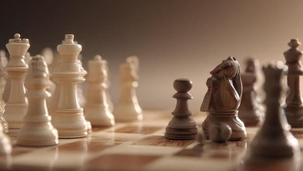 Chess pieces arrayed on a board, light highlighting the foreground photo