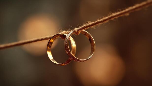 Two gold wedding rings hang on a piece of string photo