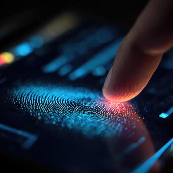 Finger touching a smartphone's fingerprint sensor photo