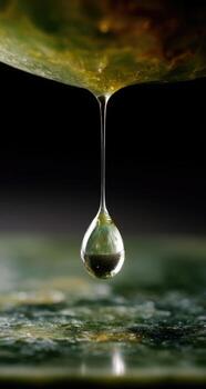 Close-up of a single, glistening drop hanging from a surface, reflecting light photo