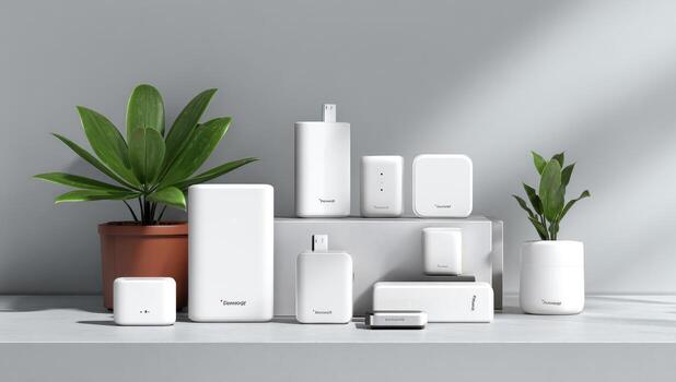 White modern tech devices on a light gray surface, surrounded by potted plants photo