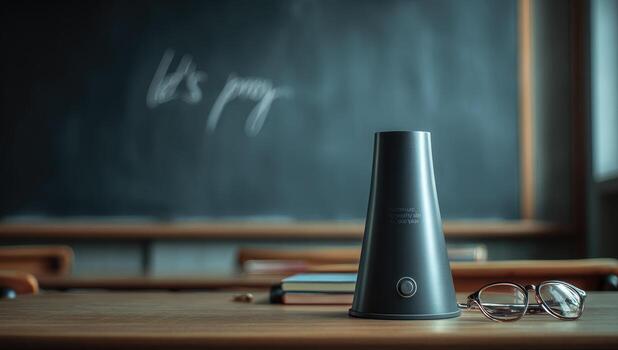 Dark gray cone-shaped device sits on wooden classroom desk in front of chalkboard photo