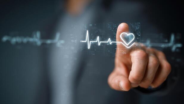 A person's finger points to a digital heart graphic overlaid on a heart rate monitor display photo