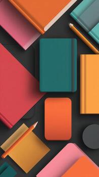 Flat lay of colorful notebooks, books, and pencils on a dark surface photo