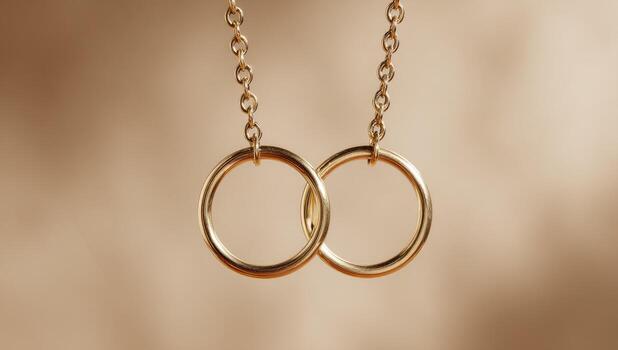Two linked gold rings on a chain necklace photo