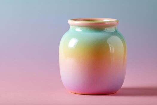 Vibrant, rainbow-hued ceramic vase on a soft gradient background photo