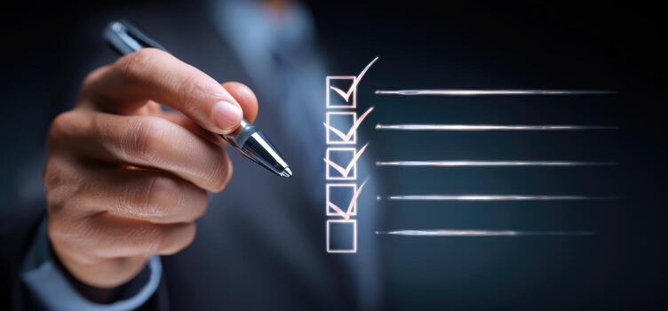 A hand holding a pen, marking a checklist photo