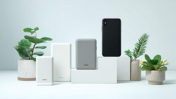 Multiple portable power banks and a phone, styled on white platforms, surrounded by potted plants photo
