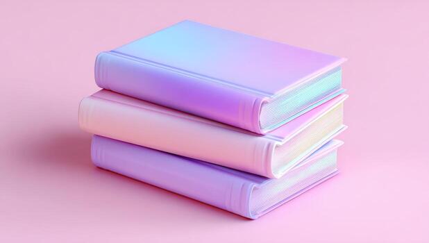 Stack of iridescent books on a pink surface photo