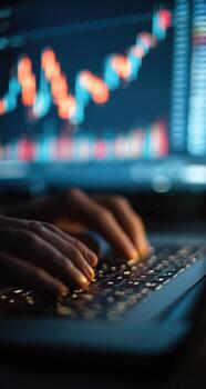 Close-up of hands typing on a laptop, stock market charts in background photo