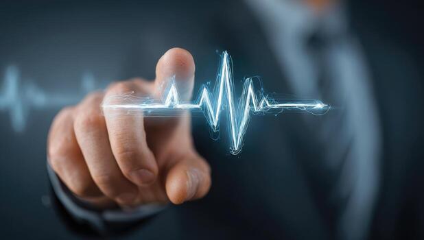 A hand points at a glowing ECG waveform photo