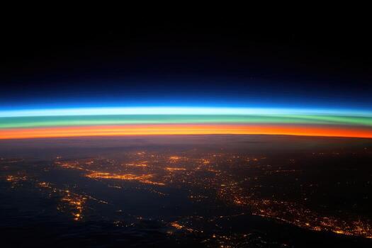 Night view of Earth from above, showing colorful atmospheric layers photo