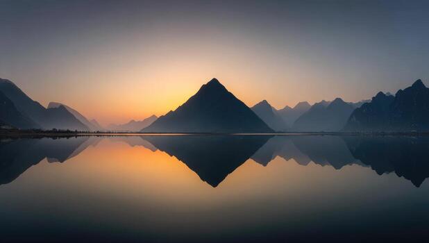 Sunrise over a calm lake, mirrored mountains photo