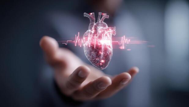 A hand holds a holographic, 3D heart model, overlaid with EKG-like pulses photo