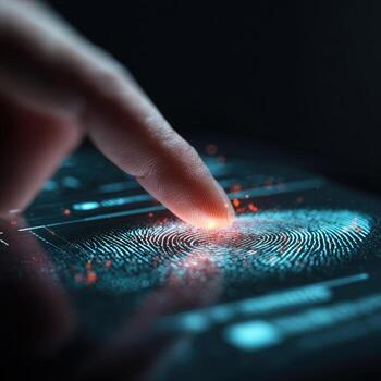 Close-up of a finger scanning a touch screen, glowing with light photo