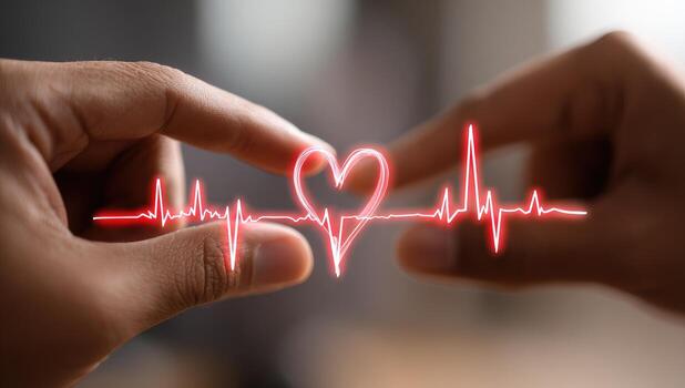 Hands holding a glowing heart and heartbeat graphic photo